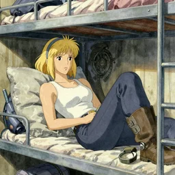 Character portrait of a tank top-clad blonde female airship mechanic resting in her cramped bunk, steampunk, highly detailed, artstation, Japanese watercolor, concept art, by Kyoto Animation and Studio Ghibli, by Ilya Kuvshinov and Alphonse Mucha