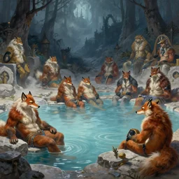 Furry aristocrats relaxing at the hot springs outside of the grimdarkest dungeon. trending on Pixiv. trending on ArtStation. A vibrant digital oil painting. A highly detailed fantasy character illustration by Wayne Reynolds and Charles Monet and Gustave Dore and Carl Critchlow and Bram Sels