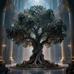 The tree of eternal happiness in an otherworldly palace of the dark matter gods, masterpiece, panorama, trending on Artstation by Beeple