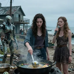 she makes the deep boil. dark fantasy story about two casually - dressed women in a dirty seaside town, a globster, and a beautiful song. color cinematic still from an action - packed 2 0 1 1 affectionate!! hybridizing alien - robot invasion science - fiction blockbuster movie ; highly - detailed.