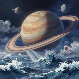 treasure planet, stormy sea with huge waves, clouds, stars, rings, beautiful lighting, vivid colors, intricate, elegant, smooth, highly detailed digital painting, concept art, cinematic, unreal engine, wallpaper, by syd mead, terada katsuya, atey ghailan, svetlin velinov, cgsociety, artstation trending, makoto shinkai art style