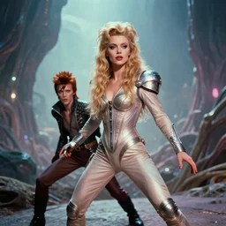 a portrait of milla jovovich and david bowie as barbarella wearing a surreal rock glamour fantasy spacesuit, beautiful, heroic action pose, soft focus, depth of field, stunning alien landscape, cinematic, film grain, wide shot, in the style of kubrick, ridley scott, tommy the musical, star wars, unreal engine