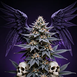 dark aether, angel cannabis wings, skulls, dark THC atmosphere, detailed linework, black blue purple and white trychomes, cinematic, psychedelic, black hemp paper, ornate, symmetrical, tarot card, highly detailed, ink illustration, style of peter mohrbacher, golden ratio, 8k