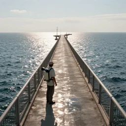 a milkman with a jetpack inspecting an endless bridge spanning the ocean, photo realistic, realistic lighting, realistic shadows, ocean, bridge, milkman, surface reflections