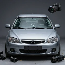 deformed car, front view, windshield with a crack, real photo, studio lighting, many parts, high resolution, shot on an expensive camera