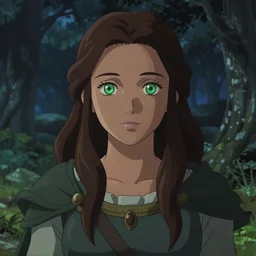portrait of a young beautiful woman with long dark brown hair, green eyes, tan skin, wearing a medieval fantasy outfit, forest landscape, nightime, fantasy, ambient lighting, 4k, anime key visual, charlie bowater, lois van baarle, ilya kuvshinov, rossdraws, artstation