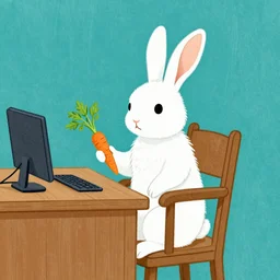drawing of white rabbit, holding a carrot, sitting at a desk, Beatrix Potter, turquoise