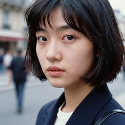 ektachrome, 3 5 mm, highly detailed : incredibly realistic, youthful asian demure, perfect features, cute haircut, beautiful three point perspective extreme closeup 3 / 4 portrait photo in style of chiaroscuro style 1 9 9 0 s frontiers in flight suit cosplay paris street photography vogue fashion edition