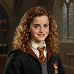 Painting of Emma Watson as Hermione Granger. Young. Smiling. Happy. Cheerful. Prisoner of Azkaban. Art by william adolphe bouguereau. Very very very very very very very very very very very very much detailed. Beautiful. 4K. Award winning.