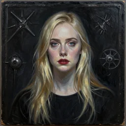 a striking esoteric painting of Elle Fanning , dark, metal, black background, occult, by Edward Hughes