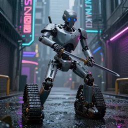 an old robot with treads holding a katana with a badass pose. Rainy Grungy neon cyberpunk alleyways in the background Badass pose , Photo realistic , Gregory Crewdson , Award winning. Masterpiece, exquisite detail, post processing