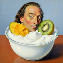 yougurt with mango and kiwi fruits surrealistic painting by salvador dali