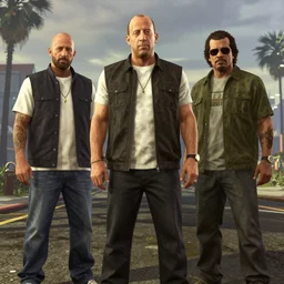 vin diesel, samuel l jackson, and jack black. group shot. gta 5 art style