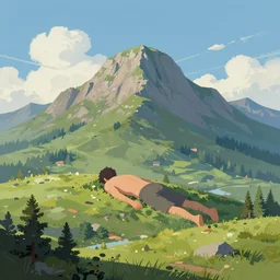 a landscape painting of a mountain with a gigantic person buried in the landscape. featured on artstation. digital art. landscape painting.