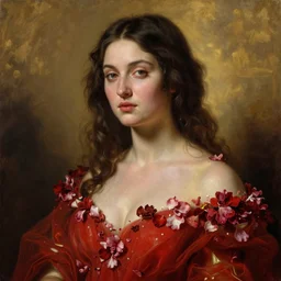 beautiful oil matte portrait painting, women in red dresses covered in flower petals, wonderful masterpiece highly detailed, beautiful cinematic light deep focus, elegant, digital painting, smooth, sharp focus, golden ratio, dramatic illumination, ultra realistic, 8 k, art by artemisia lomi gentileschi and caravaggio