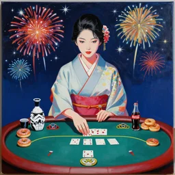 woman in a japanese kimono sitting at an extremely detailed poker table with the detailed startrooper, sake, coca cola, donuts, on the table, fireworks and stars on the background, by andy warhol, by roy liechtestein, canvas, acrylic paint, cool color palette, masterpiece, 4 k, ultra - hd