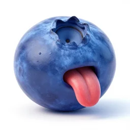 a talking blueberry 3 d art with a big red tongue on a white background commercial