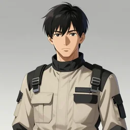 anime portrait of a man by mahiro maeda, he is about 3 0 years old, short black hair with bangs, his features are a mix between french, turkish and russian and he is wearing a beige and black utility jumpsuit, highly detailed portrait, digital painting, artstation, concept art, smooth, sharp foccus ilustration, artstation hq