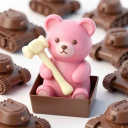 A pink chocolate bear with a white chocolate hammer inside a box surrounded by chocolate tanks. By Peter Mohrbacher. Wlop, tooth wu, alfons, mucha, trending on artstation, 4k ultra hd, super detailed, octane render,