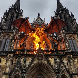 fire creature rising from old gothic building hdr