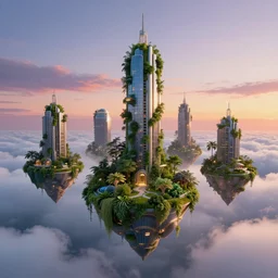 towers floating on clouds, realistic 3 d render, unreal engine, gardens, ecofuturism, 8 k, trending on artstation, smooth, sharp focus, octane, twilight sunset background