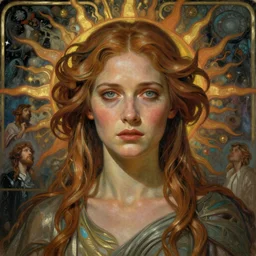 stunning, breathtaking, awe-inspiring award-winning concept art nouveau painting of attractive Tilda Swinton as the goddess of the sun, with anxious, piercing eyes, by Alphonse Mucha, Michael Whelan, William Adolphe Bouguereau, John Williams Waterhouse, and Donato Giancola, cyberpunk, extremely moody lighting, atmospheric, cinematic, depth of field, 8K
