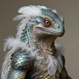 close up portrait of an mutant monster creature with proud, reptilian allure, iridescent scales, dovish feathers, diaphanous fungic protuberances. jan van eyck, audubon