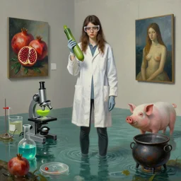 painting of a tall emo girl holding a courgette in a flooded art gallery, paintings on the wall, pomegranates, microscope, beaker of lime green liquid, pig, a flask of cyan liquid, bunsen burner, petri dish, lab coat, safety goggles, latex gloves, cauldron, zen, sensual, surrealist, by magritte and monet