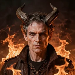 Carl Sagan is Satan, portrait. evil. horns. flames. hyperrealistic