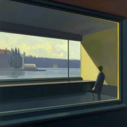 Liminal interior seen through an exterior window, in the style of Edward Hopper and Vilhelm Hammershøi and Albert Bierstadt