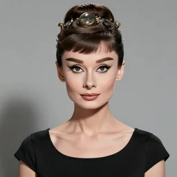 in the style of diego fazio, artgerm, beautiful audrey hepburn, steampunk, full color, elegant pose, middle shot waist up, symmetrical face symmetrical eyes, three point lighting, detailed realistic eyes, short neck, insanely detailed and intricate elegant