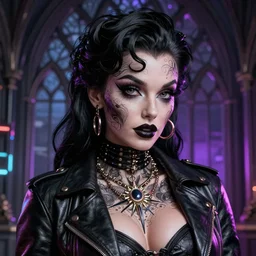 an intricately detailed ultra - realistic unreal engine 5 rendering of a portrait of neo gothic cyberpunk neon - leather betty page, concept art, intricate details, eerie, highly detailed, photorealistic, octane render, 8 k uhd art by kilian eng