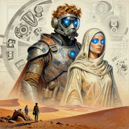 frank herbert's dune themed majestic paul atreides and lady jessica in desert fashioned breathing protective gear, blue within blue glowing eyed fremen prophet sketch by sachin teng, moebius, artgerm, alphonse mucha, masterpiece, intricate organic painting, matte painting, futuristic geometrical drawing shapes, desert ambience, hard edges, cinematic character art movie poster by drew struzan, graffiti, street art by sachin teng