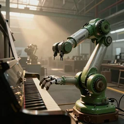 a factory robot is playing the piano, post apocalypse green everywhere, 4k, ultra details, cinematic, epic style, beautiful photo, hyper realistic, octane render, unreal engine, award winning, on artstation, volumetric lightning, masterpiece, golden hour,