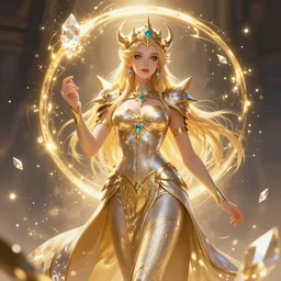 a beautiful female god character from hades game, character is in all its glory, character is centered on the illustration, rim lights, highly detailed professional illustration, dynamic lights, particles and crystals are flying, trending on artstation, illustration, 4k