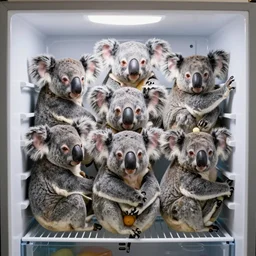 five koalas in a refrigerator, photo.