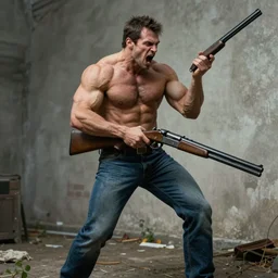 screaming, muscular vampire, with jeans, holding a shotgun, by nikolay makovsky.