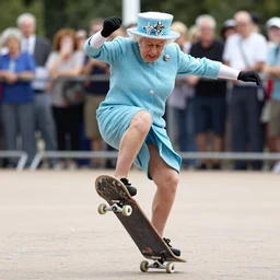 queen elizabeth ii doing kickflips on a skateboard