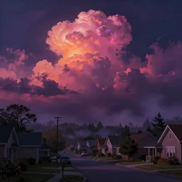 a suburban neighborhood with deep pink, purple, and orange glowing clouds. misty atmosphere. highly detailed science fiction painting by norman rockwell, frank frazetta, and syd mead. rich colors, high contrast, gloomy atmosphere, dark background. trending on artstation.