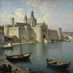 large medieval harbor painting
