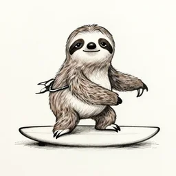 beautiful cartoon professional drawing black ink of sloth riding surfboard