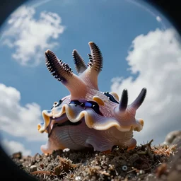 a very cute sea slug with long horns, by rhads, makoto shinkai and lois van baarle, johannes voss, low angle fisheye view, sky whith plump white clouds, elegant, highly detailed, artstation, 8 k, unreal engine, hdr, concept art, volumetric lighting matte