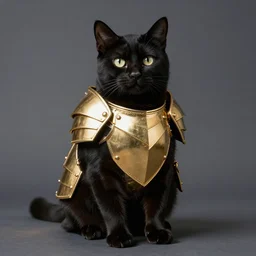 a black cat wearing gold plated armor, studio lighting