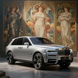 a concept suv designed by rolls royce and ford, zaha hadid, artstation, an epic fantasy, cinematic lighting, hyper realistic, photographic, sharp focus, by greg rutkowski and alphonse mucha