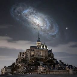 a beautiful astronomy picture of the day, nebula!!!, a rural seaside village on a hill, mont - saint - michel, landscape at night, soft white light, muted, neutral light, light blue tones, chimney smoke, long exposure clouds, unreal engine