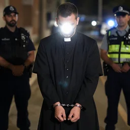 photography of priest detained by police, flash shot, arrested and handcuffed