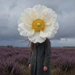 portrait, massive flower head, a girl wearing a coat in heather field, surreal photography, wind and cold, dramatic sky, impressionist painting, digital painting, artstation, simon stalenhag