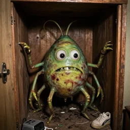 grainy photo of a giant amoeba as a creepy monster in a closet, harsh flash