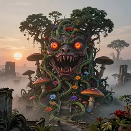 An incredibly beautiful but ominous matte painting depicting a profusion of evil carnivorous vines and colorful flowers and lush exotic trees and bloated toadstools, with horrifying huge burning eyes and jagged bloody teeth, overgrowing a desolate ruins submerged in fog beneath the setting sun, nvidia, vray, evening, epic scale