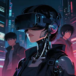 photo portrait of a japanese cyberpunk cyborg girl wearing a futuristic vr headset, finely detailed features, cyborg robot parts with glowing lights!, dramatic cinematic, night, at cyberpunk city, ghost in the shell, akira, odeo, cinematic lighting, in danger, noir, trending on pixiv fanbox, afrofuturism, araki, painted by greg rutkowski makoto shinkai takashi takeuchi craig mullins, alphonse mucha, studio ghibli, pixiv
